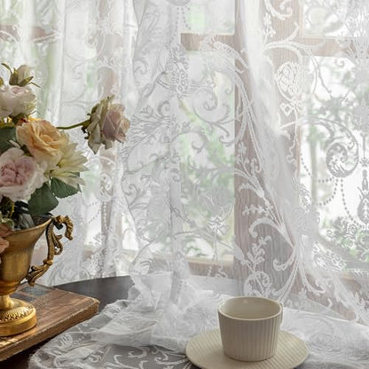 TUDECO White Lace Curtains 63 Inch Length, Ruffle Edges, 59 x 63, 2 Panels - color: White, size: 59"W x 63"L (Pack of 2)