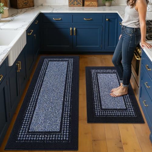hicorfe Kitchen Runner Rugs,Set of 2 Non Slip Kitchen Mats for Floor - color: Navy Blue, size: 20"x48"+20"x32"