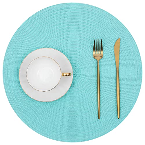 SHACOS Round Placemats Set of 6 Washable 15 inch Round Table Mats Cotton Polyester Woven Braided Place Mats for Dining Table (Aqua, 6) - color: Aqua, size: Set of 6
