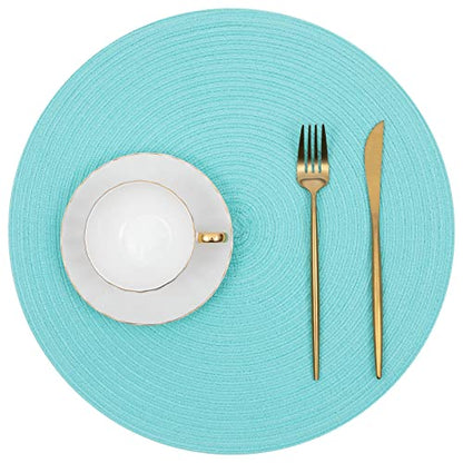 SHACOS Round Placemats Set of 6 Washable 15 inch Round Table Mats Cotton Polyester Woven Braided Place Mats for Dining Table (Aqua, 6) - color: Aqua, size: Set of 6