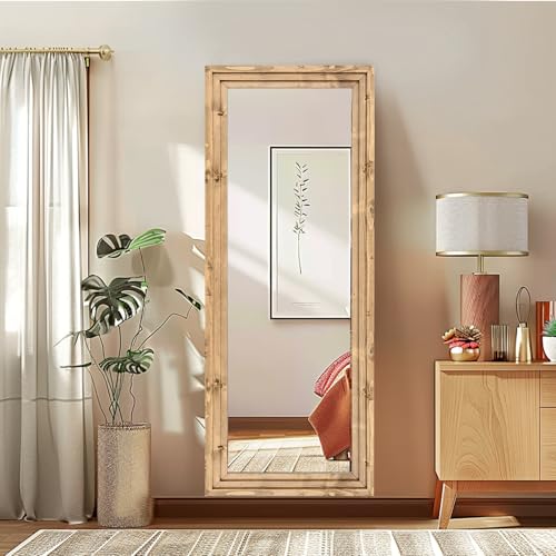 58x22in Full Length Mirror, 3-Tier Stepped Solid Wood Frame - color: Light Brown, size: 58"L x 22"W