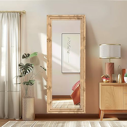 58x22in Full Length Mirror, 3-Tier Stepped Solid Wood Frame - color: Light Brown, size: 58"L x 22"W