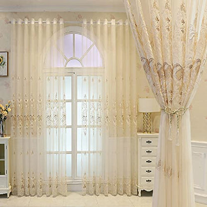 Amidoudou 1 Pair European Jacquard Sheer Curtains Embroidered Tulle Curtains Living Room Bedroom Luxury Translucent Curtains (Beige,51x84 Inch) - color: Beige, size: 51"W x 84"L (Pack of 2)