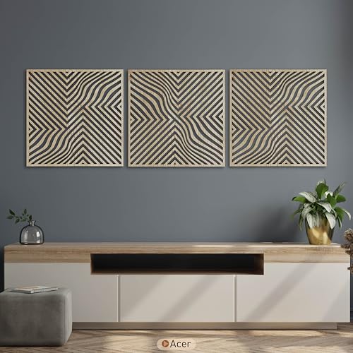 Modern Optical Wave Wood Wall Art Set, Extra Large Mid Century Wooden Decor, 3 Piece Geometric Flow Line Panels, Abstract Home Accent for Living Room and Bedroom