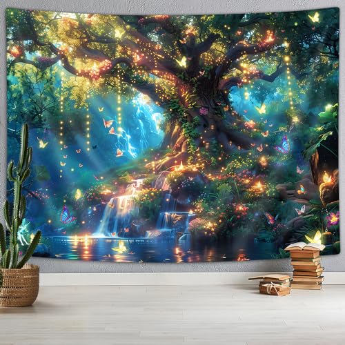 Xguatan Fantasy Forest Tree Butterfly Wall Hanging, Fairy Magical Enchanted Jungle Waterfall Mushroom Tapestry for Bedroom Living Room 60x40 Blue - color: Blue, size: 60"L x 40"W