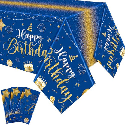 Tudomro 3 Pcs Plastic Happy Birthday Party Tablecloths,Blue Gold - color: Blue Gold