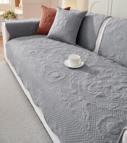 vctops Boho Cotton Quilted Couch Cover Soft Embroidered Sofa Cover Non-Slip Dog Bed Cover Scalloped Sofa Slipcover Washable Furniture Protector Cover (Light Grey,28"x70") - color: Light Grey, size: 1pc/28"x70"/Rectangular