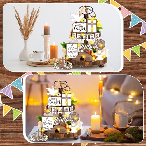 Menkxi 15 Pcs Easter Tiered Tray Decor Set He is Risen Jesus Decoration Christian Cross Wooden Easter Table Sign Rustic Religious Centerpieces Farmhouse Tabletop Decorations for Home Shelf Kitchen - style: Cross