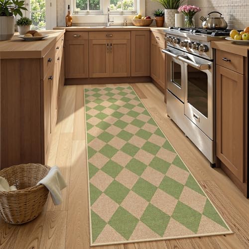 Lahome Checkered Easy Jute Hallway Runner Rug, 2x8 Outdoor Rugs Washable - color: Sage Green/Nature-2, size: 2'6" x 8' (Runner)