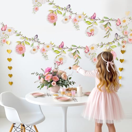 SUNBEAUTY 13FT Wildflower Garland Butterfly Daisy Banner Flower Garlands - color: Pet Flowers - Pink