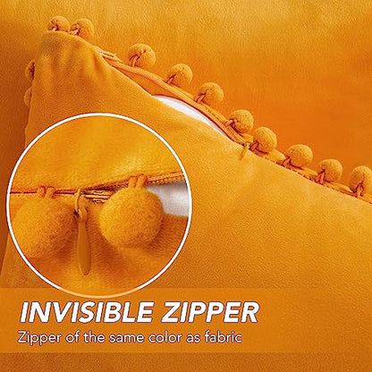 Deconovo Velvet Pom Pom Throw Pillow Covers for Couch, Invisible Zipper - color: Mustard Yellow, size: 24" x 24" (Pack of 2)