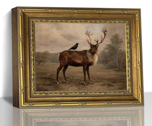 Vintage Deer Crow Wildlife Animal Gold Frame Wall Art Print Framed Artwork - color: Stag Deer and Black Bird, size: 11"L x 9"W