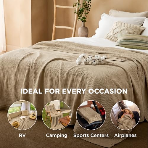 Bedsure 100% Cotton Muslin Blankets for Adults, King, 4-Layer, Light Brown - color: 04 - Light Brown, size: King (108" X 90")