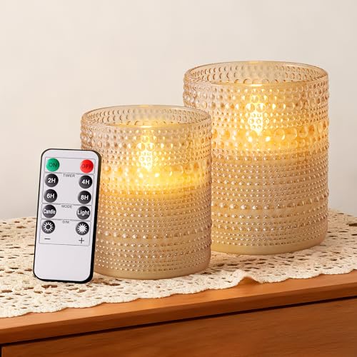 Gold Dotted Glass Real Wax Flameless Battery-Operated LED Pillar Candles - color: Gold