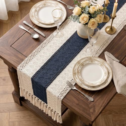 Boho Macrame Table Runner with Tassels 36in Blue Farmhouse Runner - color: White & Blue, size: 12'' x 36''