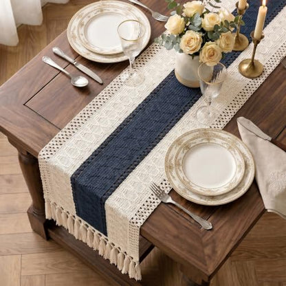 Boho Macrame Table Runner with Tassels 36in Blue Farmhouse Runner - color: White & Blue, size: 12'' x 36''