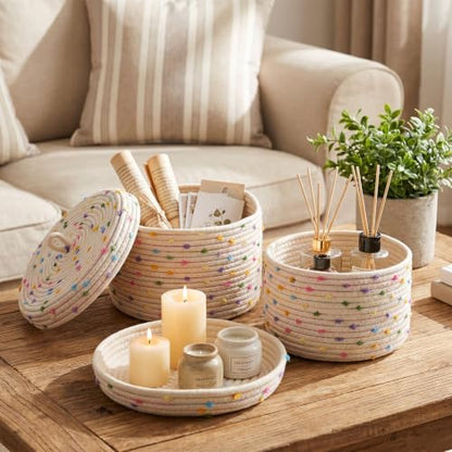 Cotton Rope Basket with Lid Set of 2, Small Basket with Lid for Storage, Woven Basket with Lids 10x8 & 8x5.5 Inches, Storage Basket with Lids for Home Organization, Beige Rainbow Pompom Decorative Bin