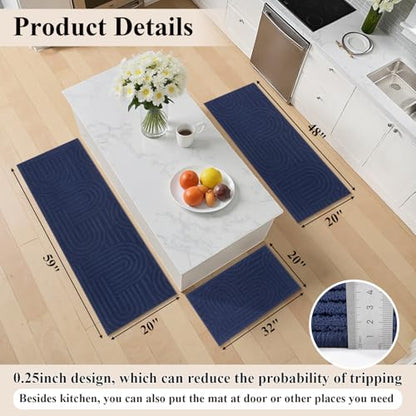 U'Artlines Kitchen Rugs and Mats Set of 3, Blue 20x32+20x48+20x59 - color: Blue