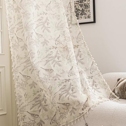 Birds Sheer Curtains 54 inch Long, Fringed Edges and Textured Semi Sheer Curtains Large Window Treatments for Living Room/Bedroom, 2 Panels - color: Birds, size: 52"W x 54"L (Pack of 2)