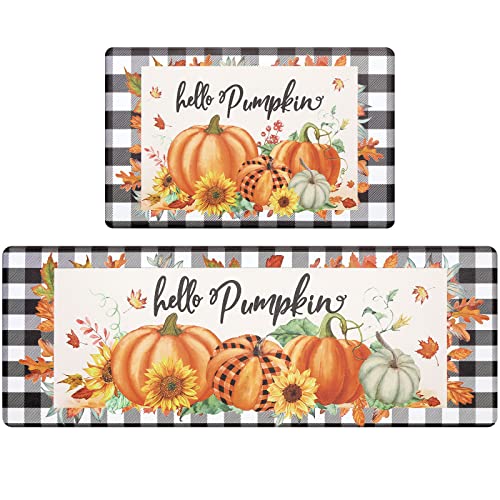 Pauwer Fall Kitchen Rugs Set of 2, Pumpkin Anti Fatigue Kitchen Mats - color: Hello Pumpkin