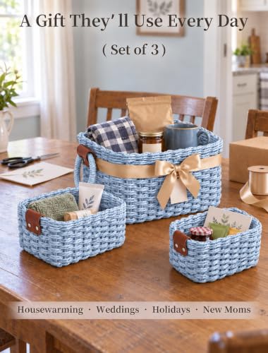 Small Wicker Baskets, 3 PCS Paper Rope Baskets for Shelves, Light - color: Light Blue