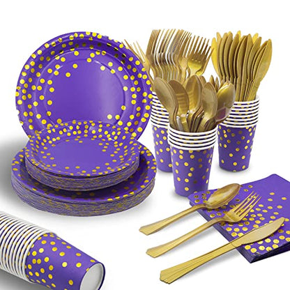 AIRE Purple Gold Paper Plates Set, 175PCS Disposable Dinnerware for 25 - color: 175pcs Purple and Gold