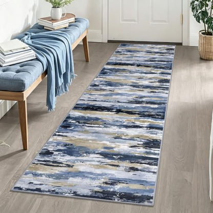 Abstract Washable 2x8 Runner Rug Non Slip Runners for Hallway - color: Navy / Blue / Taupe, size: 2' x 8' (Runner)