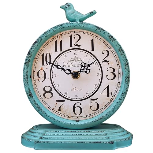HZDHCLH Vintage Table Clock with Bird,Retro Mantel Clock Battery Operated,Metal Clock for Living Room Shelf Desk Table Fireplace Decor (Green) | Metal Desk Clock for Living Room Shelf Desk Table Fireplace Decor (Green) - color: Bird-green