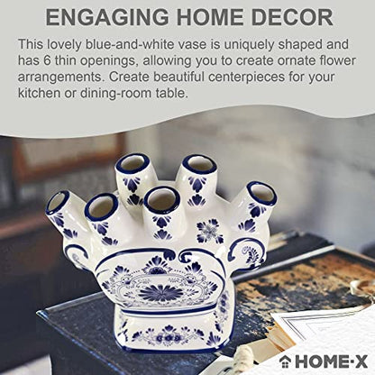 Home-X Ceramic Flower Vase – 6-Port Bud Ivory Vase – Unique Decorative Flower vase for Living Room, Bedroom, Kitchen, or Office (White & Blue)
