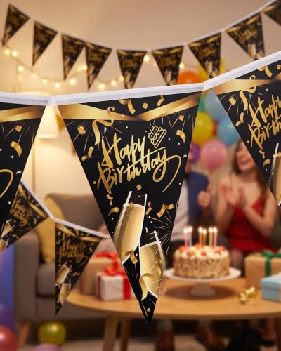Happy Birthday Table Runner Set, 2 Banners, Black Gold, 13 x 72 in - color: Black Suit