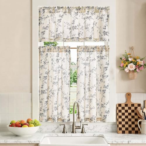 jinchan Black Linen Floral Kitchen Tier Curtains and Valance Set 3 Pieces - color: Alisa | Black on Linen, size: 26"W x 36"L (Pack of 3)