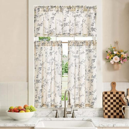 jinchan Black Linen Floral Kitchen Tier Curtains and Valance Set 3 Pieces - color: Alisa | Black on Linen, size: 26"W x 36"L (Pack of 3)