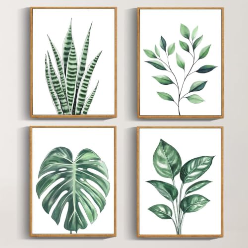 Drsoum Botanical Canvas Framed Wall Art Watercolor Green Leaf Tropical Plant Art Prints Boho Decor for Bedroom Bathroom Kitchen Home Office Decorations 11"x 14"x 4pcs - color: Tropical Wall Art, Natural Frames, size: 11''x 14''