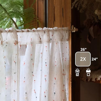jinchan Colorful Pom Pom Voile Kitchen Tier Curtains 24 Inches 2 Panels - color: Dottie Blush Meadow, size: 26"W x 24"L (Pack of 2)