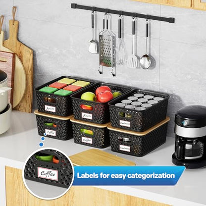 Anysig 8 Pack Plastic Storage Bins with Bamboo Lids, 5.2 QT Stackable Bins - color: Black
