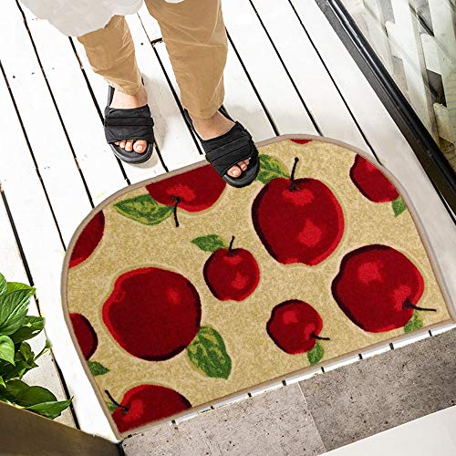 Half Round Skid Resistant Kitchen Mat Latex Backing Red Apple Area Rugs Machine Washable Half Cricle Doormat Bathroom Foot Pads Slice (1'6x2'6)