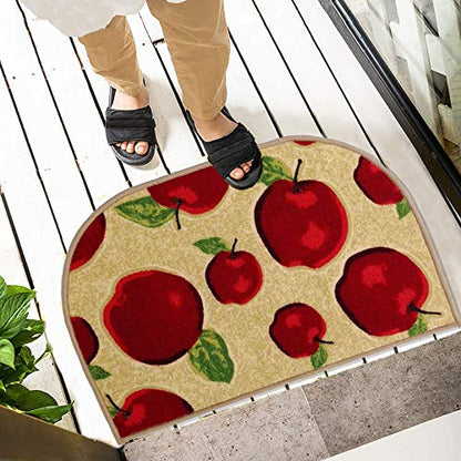 Half Round Skid Resistant Kitchen Mat Latex Backing Red Apple Area Rugs Machine Washable Half Cricle Doormat Bathroom Foot Pads Slice (1'6x2'6)