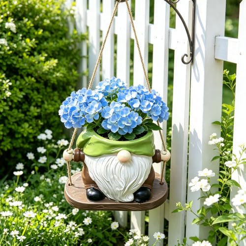 4" Swing Hanging Gnome Resin Pot with Drainage, Succulent Garden Decor Gift - color: A03-hanging Green Gnome