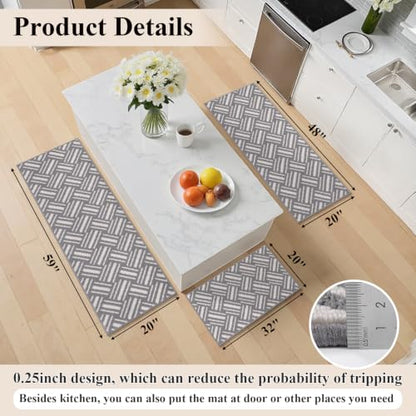 U'Artlines 3-Piece Kitchen Rug Set Basketweave Geometric Floor Mats - color: Basketweave Grey