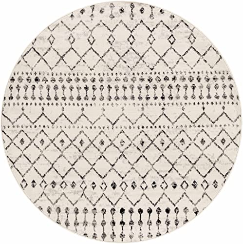 Hauteloom Cowplain Farmhouse Moroccan Geometric Area Rug - Boho Aztec Tribal Carpet for Living Room, Bedroom, Dining Room - Cream, Black, Beige, Gray - 7'10" Round Rug - color: Black, Charcoal, Light Gray / Cowplain, size: 7'10" (Round)