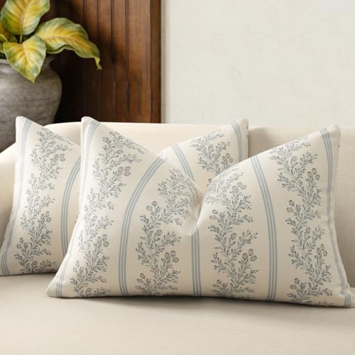 Vintage Throw Pillow Covers 12x20 Set of 2, Striped Floral Pillow Cover Botanical Patterned Decorative Cushion Covers Modern Farmhouse Home Decor for Sofa Couch Bed Living Room, Light Blue - color: Light Blue, size: 20" x 12" (Pack of 2)