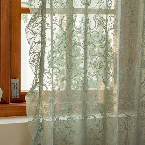 TUDECO Sage Green Lace Curtains, Ruffle Edges, 59 x 63 Inch, 2 Panels - color: Sage Green, size: 59"W x 63"L (Pack of 2)