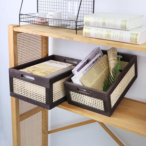 Rattan Wooden Storage Basket with Handle, Brown Set of 2 - color: Brown, size: Large & Small (Set of 2)