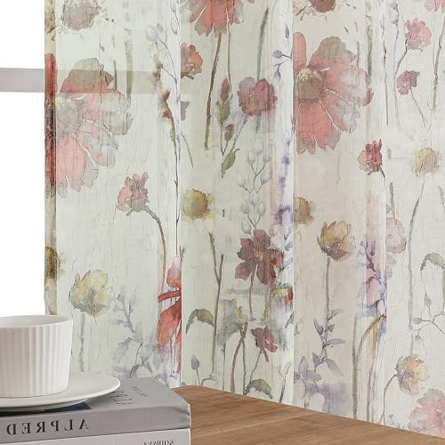 OWENIE Printed Sheer Curtians 54 Inches Long for Kitchen Set of 2 Panels, Dual Rod Pocket Window Living Room Curtains with Floral, Farmhouse Light Filtering Short Curtains for Small Window, 42"x54" - size: 42"W x 54"L (Pack of 2)