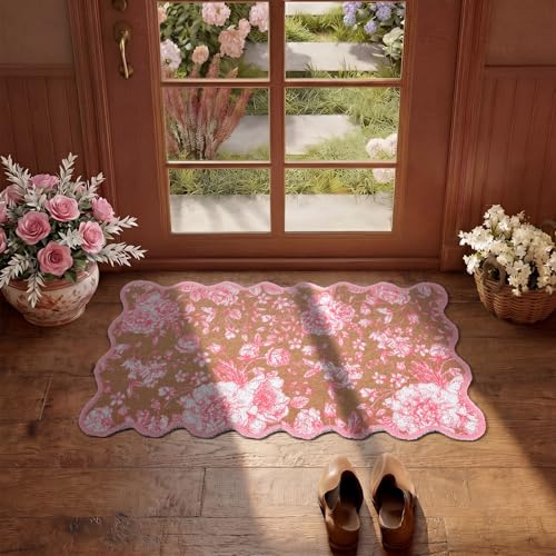Dunzy Pink Doormat Cute Floral Outdoor Scalloped Welcome Faux Coir Mat - style: Pink Floral