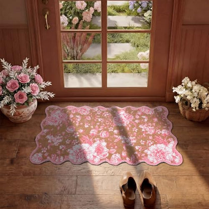 Dunzy Pink Doormat Cute Floral Outdoor Scalloped Welcome Faux Coir Mat - style: Pink Floral