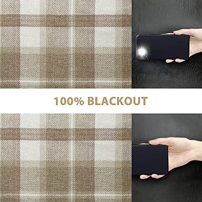 always4u Plaid Curtains for Bedroom Living Room 100% Blackout Thermal Energy Saving Woolen Look Grommet Curtains 63 Inch Length 2 Panels Beige - color: Beige, size: 54"W x 63"L (Pack of 2)
