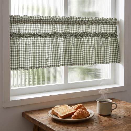 Silnuo Sage Green/White Plaid Gingham Ruffle Window Valance 52" W x 18" L - color: Green, size: 52"W x 18"L (Pack of 1)