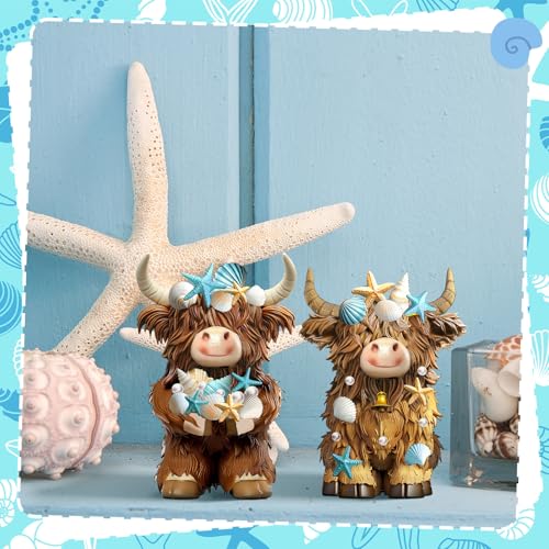 2 Pcs Coastal Highland Cow Figurines Decor, Beach Ocean Style - style: Beach