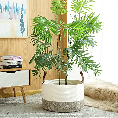 KAKAMAY Large Blanket Basket (20"x13"),Woven Baskets for storage Baby Laundry Hamper,Cotton Rope Blanket Basket for Living Room, Laundry, Nursery, Pillows, Baby Toy chest (White/Beige) - color: Cream and Beige